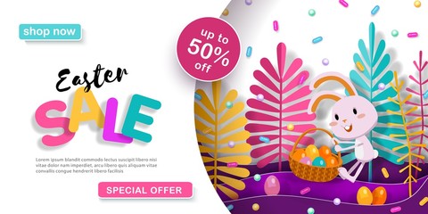 Easter paper cut vector banner with bunny, Easter eggs, stylized trees