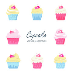 Sweet Cupcake vector illustration isolated on white background. Sweets muffins and cream with flat vector Illustration of cupcake with strawberry