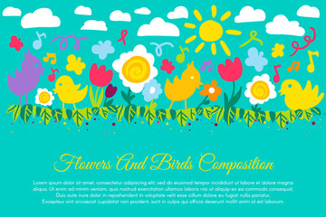 Fototapeta na wymiar Birds and flowers flat banner with copyspace