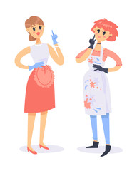 Cartoon style character. Vector illustration woman in apron and latex gloves. Hand drawn happy housewife