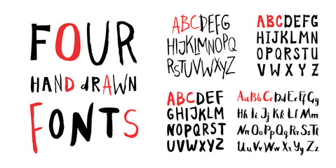 Four female Lettering alphabets. Hand made ink fonts. Hand drawn Letters written with a brush....