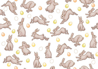 Seamless pattern with a hares, colored eggs for easter. Colored vector illustration. In art nouveau style, vintage, old, retro style. Isolated on white background.