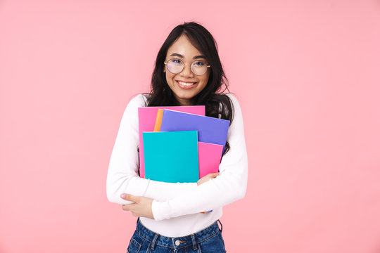 Image Of Young Asian Student Girl Wearing Eyeglasses Holding Folders