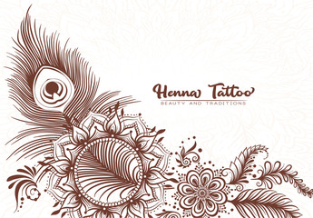 Template design with traditional indian henna tattoo with peacock feather. Template for wedding invitation, greeting card, banner, gift voucher, label. Vector illustration..