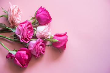 Bouquet of pink roses on a pink background. zero waste gift on Mother's Day. Women's day card. 8 march happy womens day