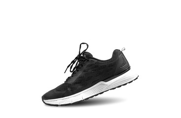Black and white trail running shoes with moving rope isolated on white background , Right side