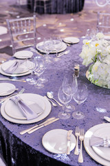 Wedding event decoration. Beautifully laid dinner table Decorated with white flowers and blue...