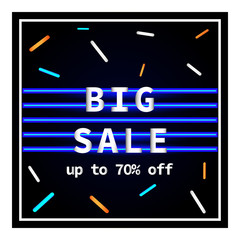 Big sale. Promotions. Discounts. Postcard, flyer, advertising, poster, background. Vector design of the poster about discounts on a black background with blue and orange and white gradient stripes