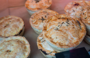 English pie stuffed with beef and steak generally served in traditional pubs.