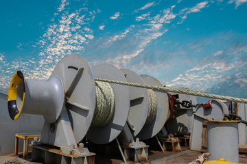 Mooring winch, Mooring windlass rope anchor in drum at Deck ship forward in shipyard.