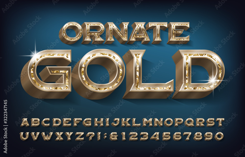 Fototapete ornate gold alphabet font. 3d golden metallic letters and numbers. stock vector typescript for your 