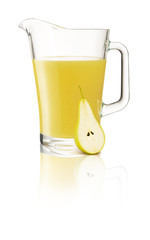 Pear juice jug on white cutout background with reflection.