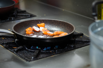 Cooking salmon.Salmon fry in pan