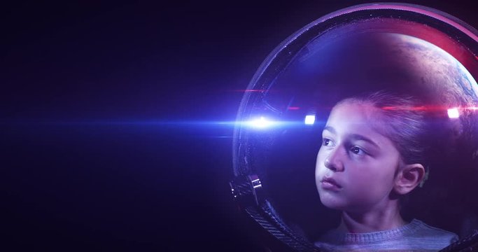 Brave Beautiful Little Girl Astronaut In Space Helmet Looking At Panning Camera. She Is Exploring Outer Space In A Space Suit. Science And Technology Related 4K Concept Footage.