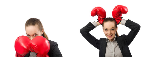 Businesswoman with boxing gloves isolated on white