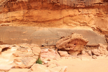 Thamudic and Nabataean petroglyphs and inscriptions on mountain in Wadi Rum desert, Jordan