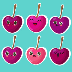 set of illustrations with a cute cherry, different emotions, characters in cartoon style, on a blue background. can be used as stickers. cute fruits
