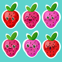 set of illustrations with cute strawberries, different emotions, characters in cartoon style, on a blue background. can be used as stickers. cute fruit 