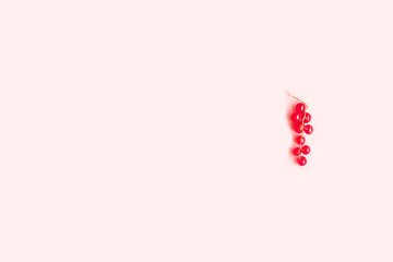 Top view of red gooseberry berries with copyspace on a pink background, flat lay