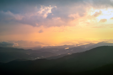 Sunrise, sunset in the Carpathian mountains. Natural background.