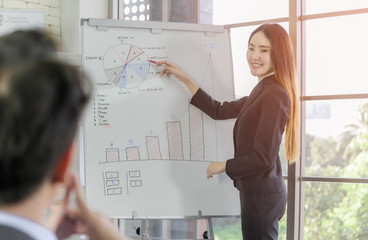Asian businesswoman standing writing diagram and graph on whiteboard with presentation to manager