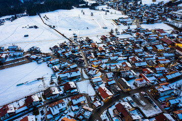 Aerial view, Snowy Reit im Winkl at dusk, Chiemgau, Upper Bavaria, Bavaria, Germany