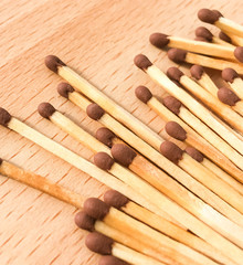 many wooden matches lie on a wooden background. flammable matches on a wooden table.