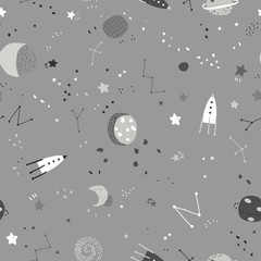 Space elements seamless pattern. Cosmos doodle illustration. Seamless pattern with cartoon space rockets, planets and stars. Space background.
