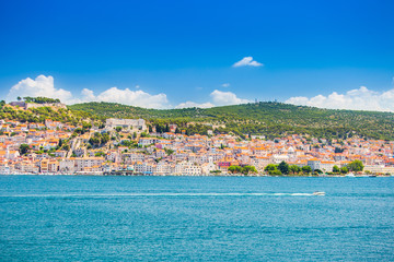 Croatia, Adriatic coast, city of Sibenik in Dalmatia, panoramic view of old city center from the sea