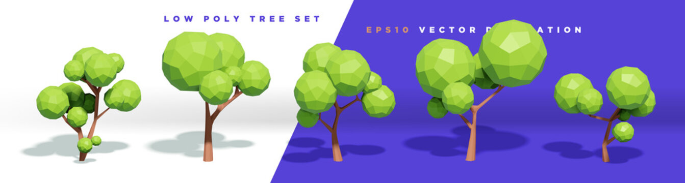 Set of 3d cute trendy low poly tree decorative vector elements