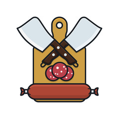 Isolated chopping board, butcher knives, sausage vector illustration