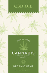 CBD Oil Abstract Vector Design Label. Modern Typography and Hand Drawn Cannabis Leaf Sketch Logo with Hemp Pattern Silhouette Background Layout.