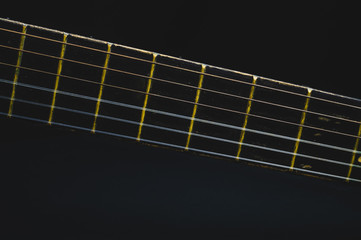Acoustic guitar neck close up. guitar strings macro