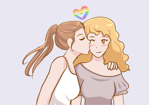 lgbtq gay lesbian Couple in love kissing cheek vector illustration in  concepts cute anime style for valentine day Stock Vector | Adobe Stock