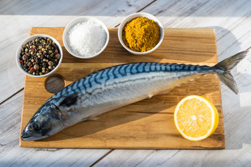 Fresh raw mackerel fish with cooking ingridients