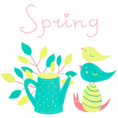 Cute spring illustration on white background with snail, smal birds, branches and a garden watering can. For congratulations, printing on postcards, textiles, printing