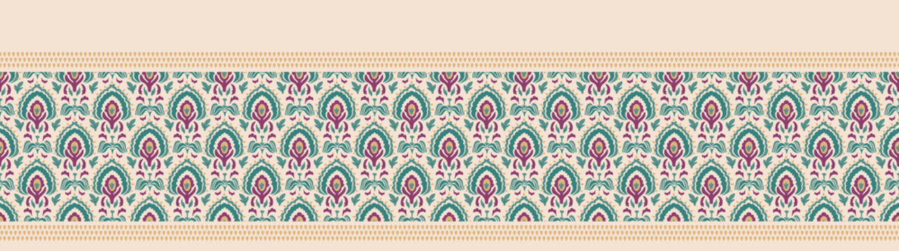 Old indian arabesque paisley buta leaf seamless vector border pattern. Ornate spice color middle eastern banner background. Vintage ethnic decorative floral foulard medallion ribbon trim edging.