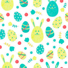Funny seamless pattern with cute bunny, easter eggs, dots and spring flowers. For your designs: packaging and digital paper, textiles and prints.