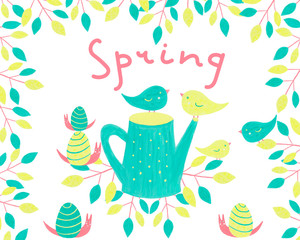 Funny spring illustration with snails, cute birds, branches and a garden watering can. For congratulations, printing on postcards, banners, textiles, printing.