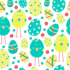 Seamless pattern with funny chicks and easter eggs. Gouache and acrylic hand drawn elements. Background for your designs: wrapping and digital paper, textiles and prints.