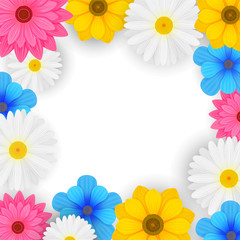 Spring background with beautiful white, blue, pink flowers, daisies, chamomiles. For poster, banner, invitation, card, ad? With copy space for text