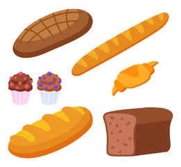 Set of products made of flour. Isolated baguette and croissant, french cuisine food. Rye bread and cupcakes with decorative topping. Dietary meal assortment of bakery. Flat style vector illustration