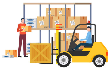 Shipping and delivery of items in boxes. Isolated male people in logistics company dealing with cargo shipment. Man with carton container in hands. Parcel on loader machine vector in flat style