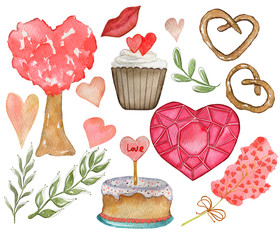 Watercolor illustration of a set of hearts, lips, tree, flowers, cupcake, cake, cookies, leaves. Hand-drawn and suitable for all types of design and printing.