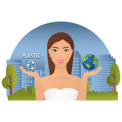 young Woman standing among polluted city and holding world in hand. save planet abstract vector. Nature pollution and woman taking care about earth. world environment day and save earth concept