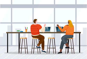 Woman and man greet each other, coworkers in open space. Lady and guy working on laptops. Room interior with high table and chairs and window with cityscape view. Vector illustration of office in flat