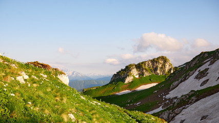 Naklejka premium Mountains of Republic of Adygea, Russia. Yavorova Polyana. Walking route and beauty of Adygea. Caucasian mountains. The Caucasian reserve. Caucasian ridge. Mountain Lake. Lagonaki.