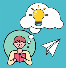 Boy in circle reading textbook. Young man thinking about about content of book. Cloud or bubble with thoughts and creative ideas. Person portrait in round icon. Vector illustration in flat style