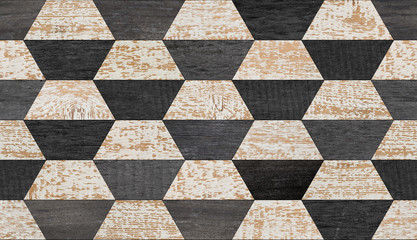 Seamless black and white wooden wall with geometric pattern.  