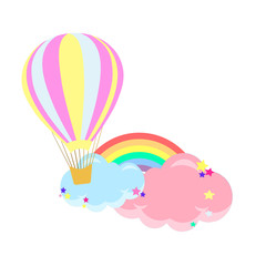 Beautiful children`s  illustration - clouds and a balloon with rainbow and stars, cute baby shower 